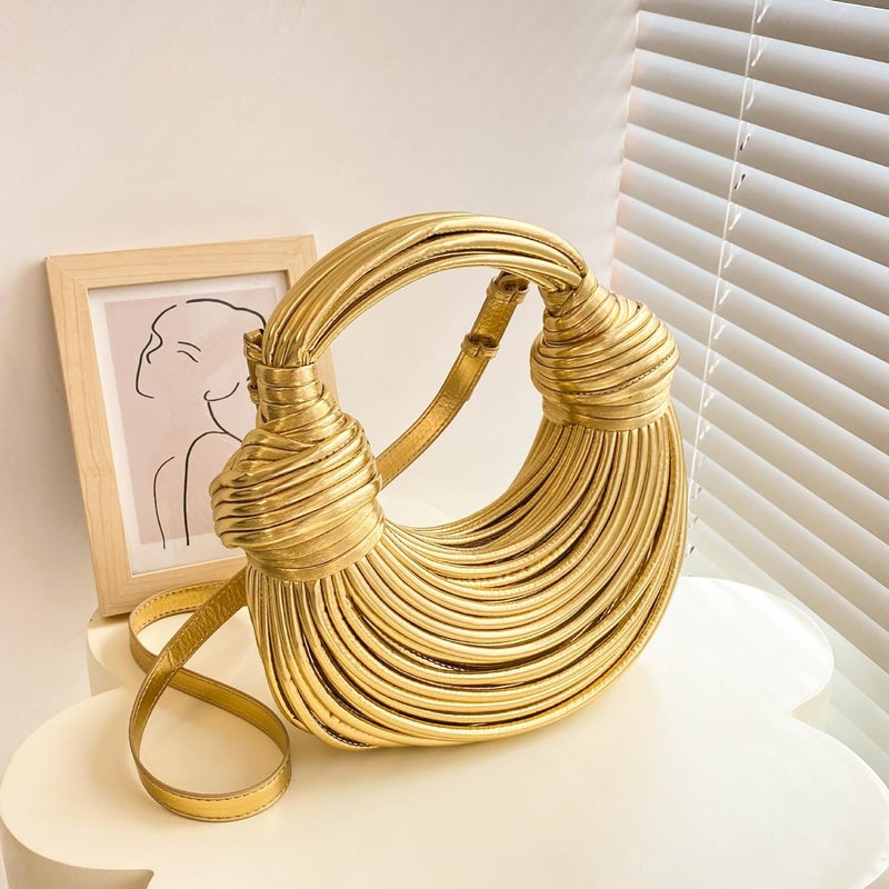 Gimue Gold Purse for Women, Woven Knotted Bread Crossbody Clutch Top Handle Creative Noodles Bag Underarm Shoulder Handbag | Woven, Small, Leather, Top Handle, Noodles - Image 5